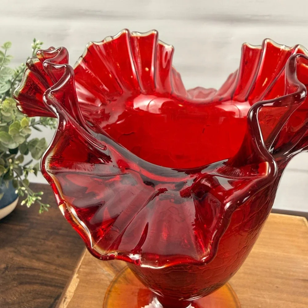 Blenko 388 Tangerine Crackle Glass Ruffled Vase Mid Century
